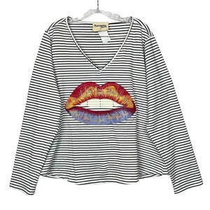 Savanna Jane 1X Striped Embroidered Multicolor Red Lips Mouth Long Sleeve V-Neck